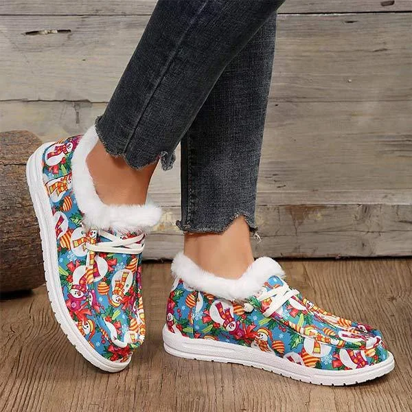 Women's Christmas Print Lace-up Fleece-Lined Cotton Shoes 21717612C