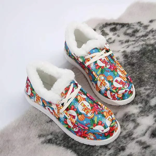 Women's Christmas Print Lace-up Fleece-Lined Cotton Shoes 21717612C