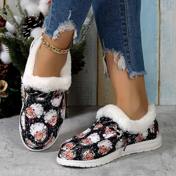 Women's Christmas Print Lace-up Fleece-Lined Cotton Shoes 21717612C