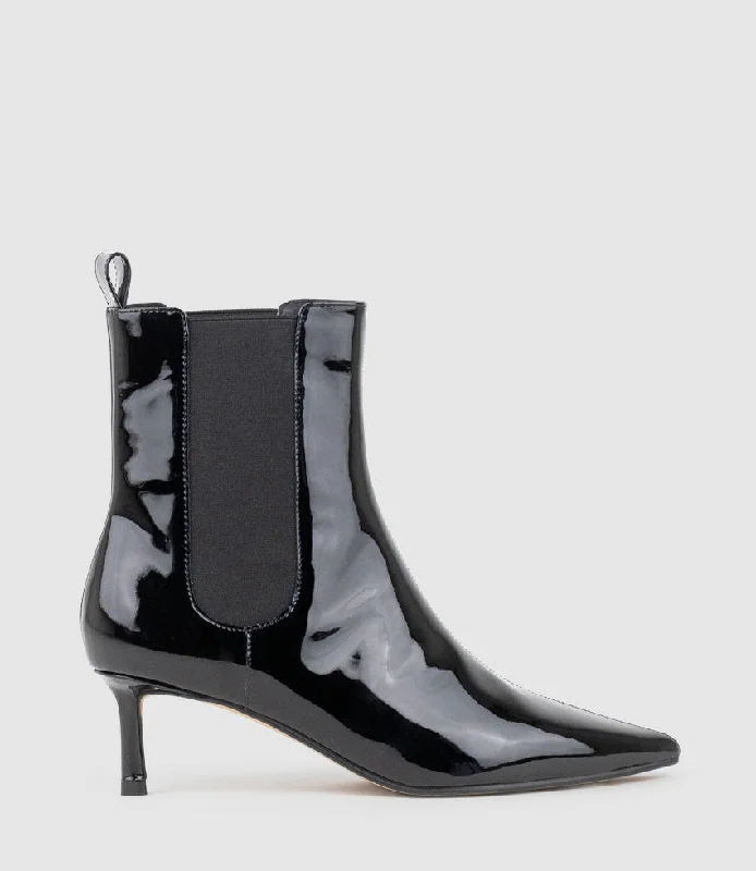 ZIRIA55 Pointed Boot with Gusset in Black Patent