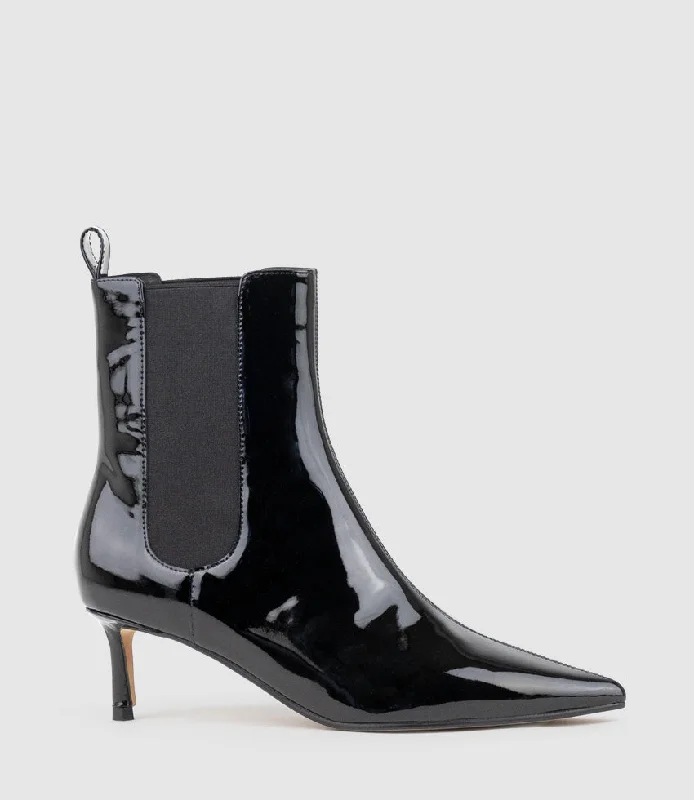 ZIRIA55 Pointed Boot with Gusset in Black Patent