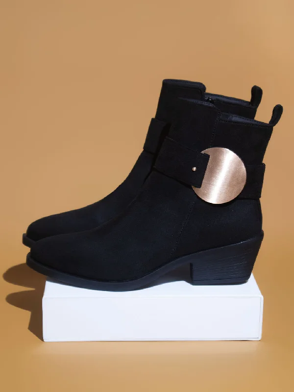 Women Black Block Heeled Boots with Buckles