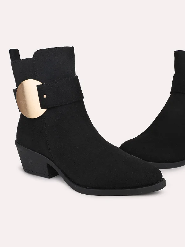 Women Black Block Heeled Boots with Buckles