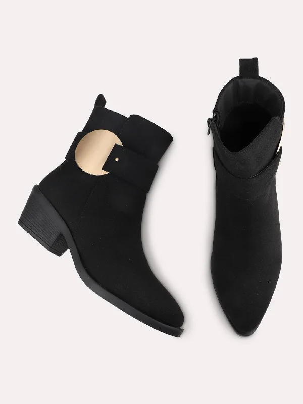 Women Black Block Heeled Boots with Buckles