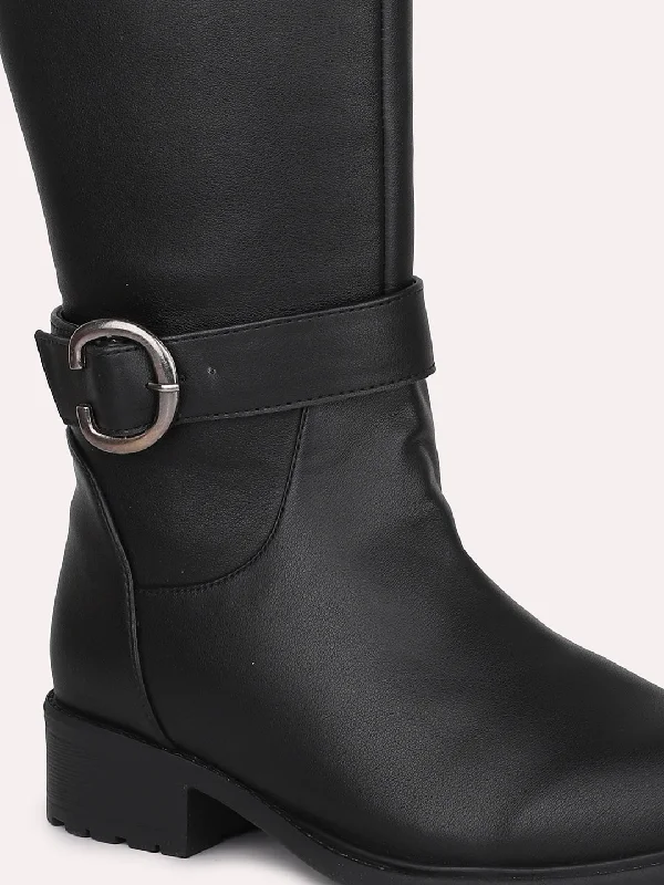 Women Black Round Toe High-Top Block Heel Boots