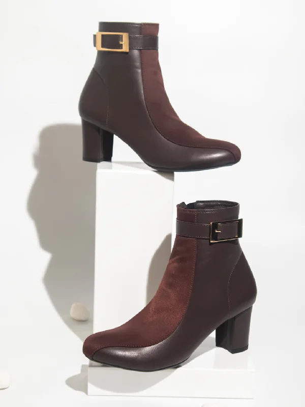 Women Brown Solid Heeled Boots