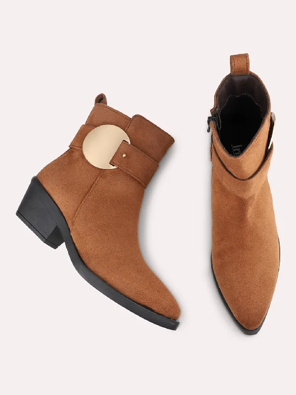 Women Tan Round Toe High-Top Block Heel Boots