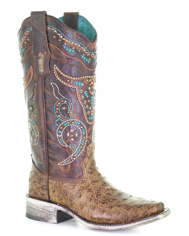 Women's Steer Skull Ostrich Western Boots