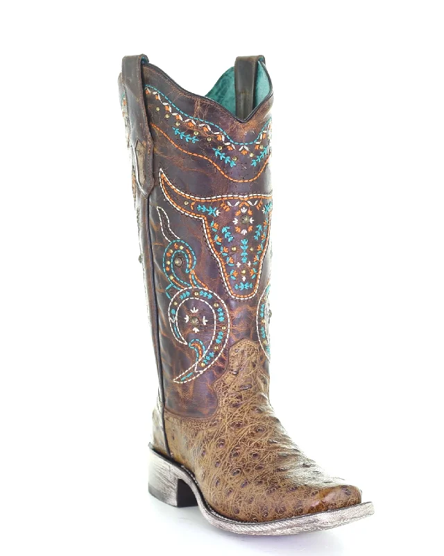 Women's Steer Skull Ostrich Western Boots