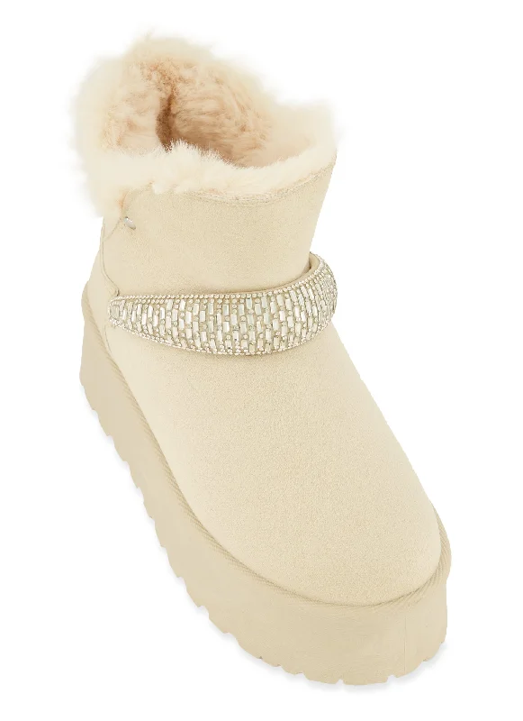 Rhinestone Trim Faux Fur Lined Platform Booties