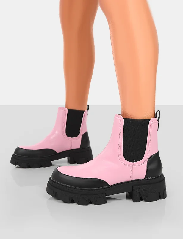 By Midnight Pink Pu Platform Chunky Sole Chelsea Boots