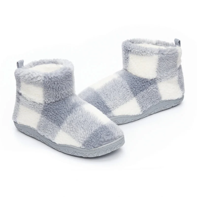 Celeste - Shorter Length Check Sherpa Slipper Boot - Grey Check