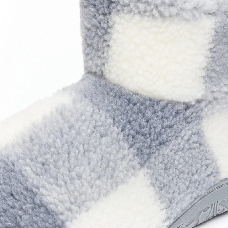 Celeste - Shorter Length Check Sherpa Slipper Boot - Grey Check