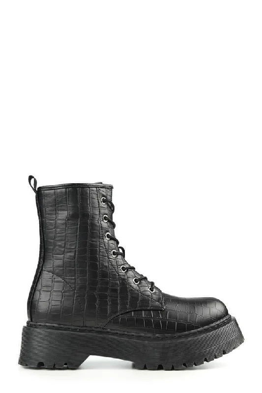 Black Croc Platform Miltary Boots