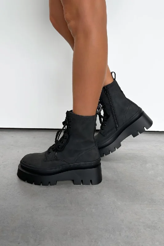 DENTON Chunky Platform Military Boots - Black Suede