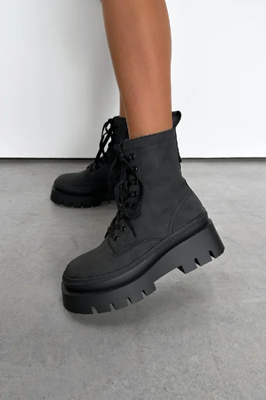 DENTON Chunky Platform Military Boots - Black Suede