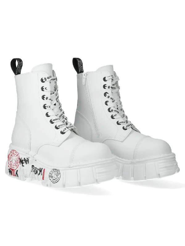 NEW ROCK Edgy White Platform Boots with Punk Badges