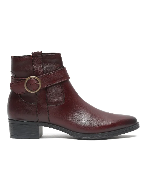 Teakwood Women Cherry Solid Leather Flat Boots