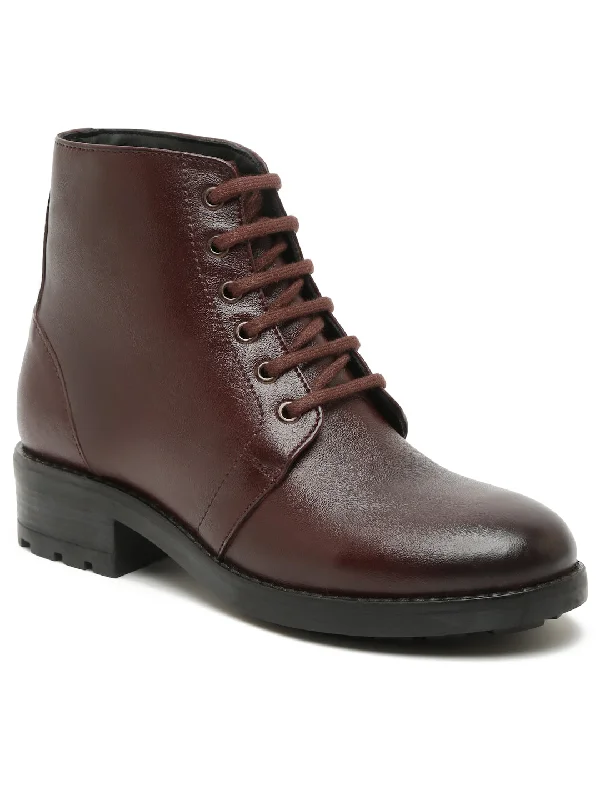 Women Brown Solid Genuine Leather Mid-Top Laceup Boots