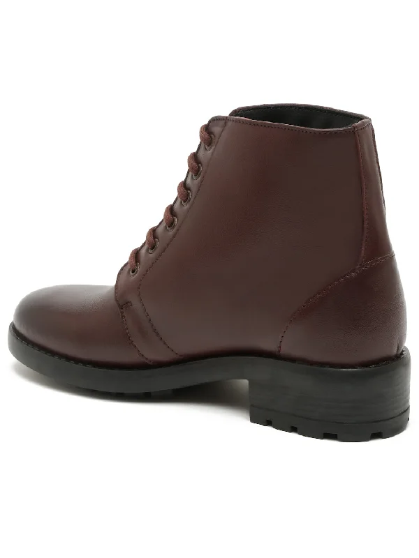 Women Brown Solid Genuine Leather Mid-Top Laceup Boots