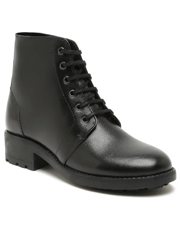 Women Black Solid Genuine Leather Mid-Top Laceup Boots