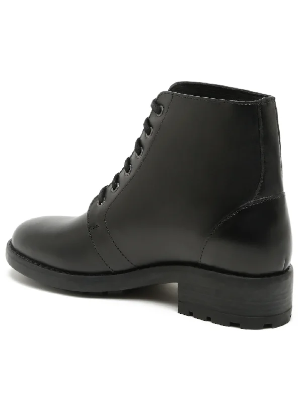 Women Black Solid Genuine Leather Mid-Top Laceup Boots