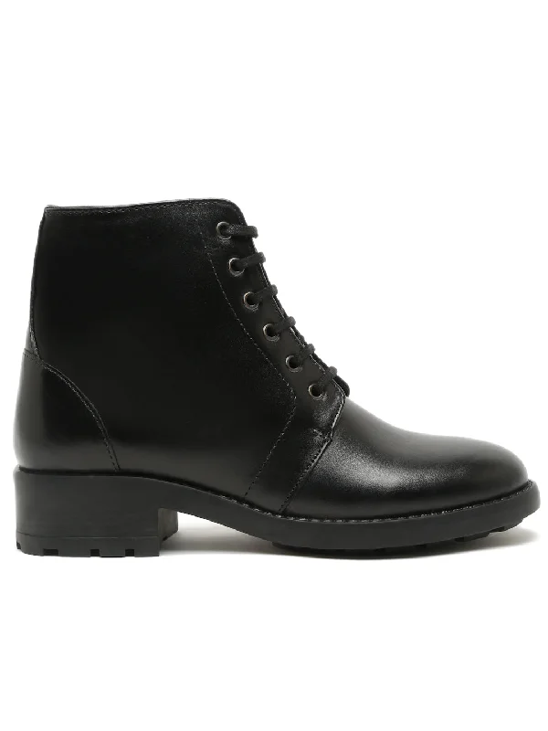 Women Black Solid Genuine Leather Mid-Top Laceup Boots