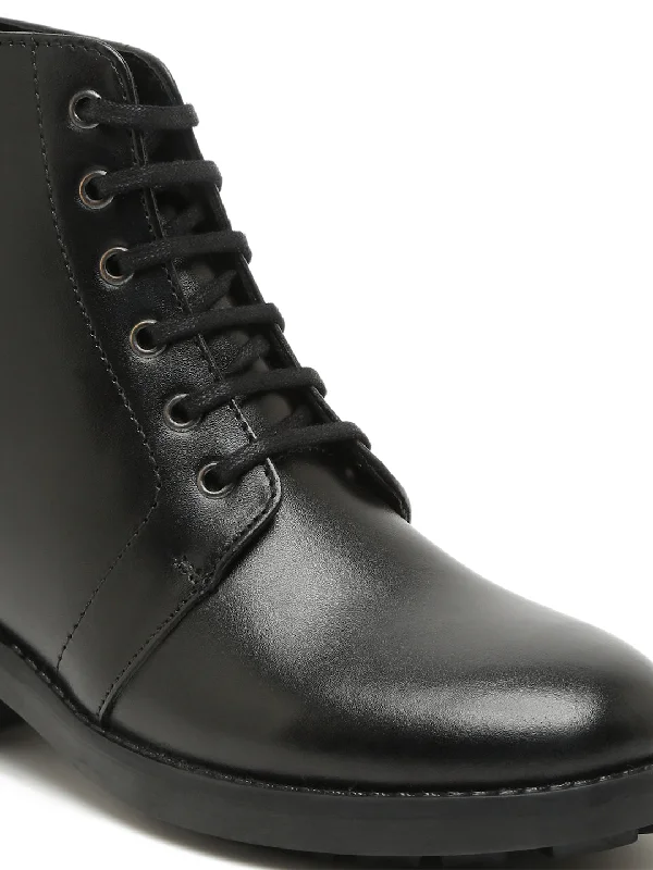 Women Black Solid Genuine Leather Mid-Top Laceup Boots